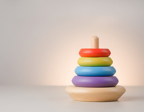 Colorful Wooden Rainbow Ring Stacker Toy for Early Childhood Development and Montessori Learning on Neutral Background