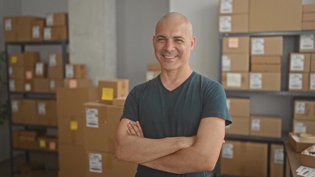 Man with crossed arms beside stacked cardboard packages and metal shelves in a small business building shipping area; confidence entrepreneurship growth.