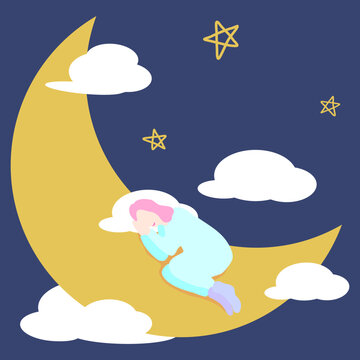 Whimsical vector illustration of a girl sleeping peacefully on a large yellow crescent moon surrounded by soft clouds and stars in a dark night sky. Ideal concept graphic for bedtime stories, nursery 