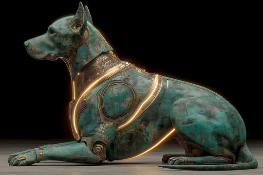 Biomechanical chimera dog, blending ancient artifact with futuristic technology