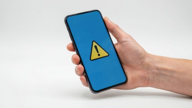 Human hand holding a modern smartphone displaying a yellow warning icon on the screen with smartphone technology triangle notification security cellphone communication internet software