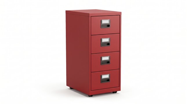Red metal filing cabinet with four drawers