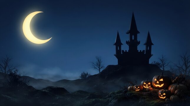 Spooky halloween pumpkins with a scary castle under a crescent moon