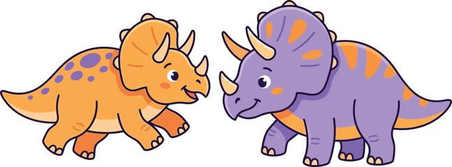 Two cute colorful triceratops dinosaurs standing together © MDEBRAHIM