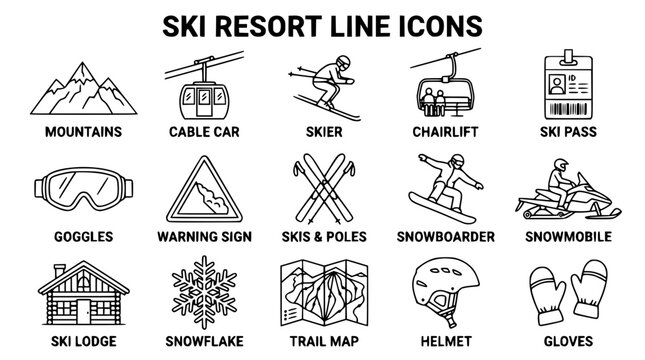 Collection of minimalist ski resort vector icons for winter sports design