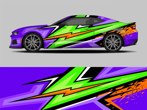 Vibrant Racing Car with Dynamic Lightning Graphics Design.