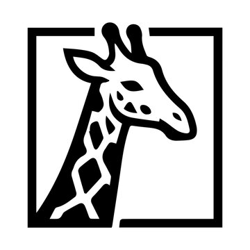 Elegant geometric giraffe head vector icon inside a frame, featuring distinctive spots and a sleek neck design.