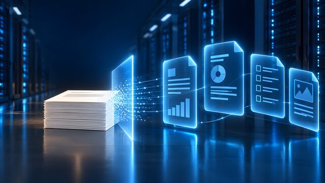 Physical paper stack dissolving into digital data stream connecting to glowing electronic document panels in secure server room
