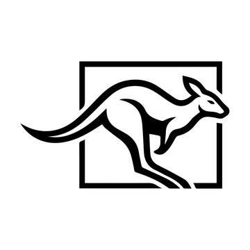 Leaping kangaroo silhouette vector icon framed in a square, symbolizing movement, agility, and Australian wildlife.