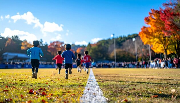 秋の学校行事で校庭のラインに沿って走る日本の小学生、マラソン大会とスポーツ教育のイメージ