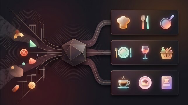 Culinary data management system infographic showing various food service inputs processed through central hub to generate restaurant and dining operational business outcomes