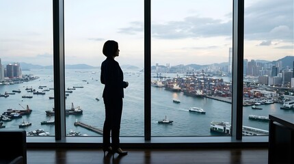 Fototapeta na wymiar Businesswoman standing in office window looking at busy shipping harbor