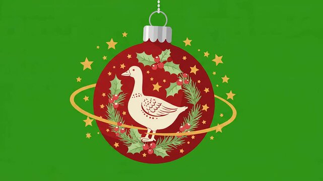 Charming christmas baubles featuring a goose illustration with holiday ornaments and glowing golden stars rotating against a vivid green screen background for festive season projects