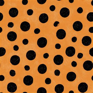 Seamless irregular polka dot pattern with hand drawn black circles on orange background creating playful texture