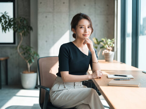 窓辺のデスクで頬杖をつき微笑むビジネスパーソンの女性