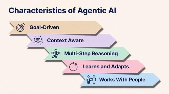 Characteristics of agentic AI infographic with five stepped arrow banners and pastel colour coding