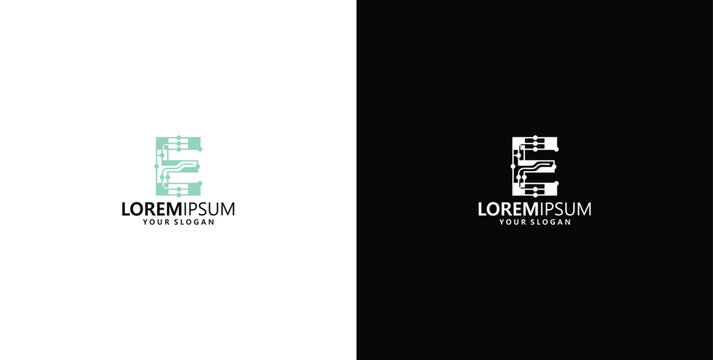 Modern Letter E Logo Design Concept with Digital Tech Circuit Board and Futuristic Elements