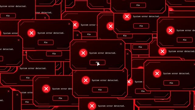 Cybersecurity system error windows with alert popup on 4k. Red glitch alert. Mouse click fix button to repair. Hacking attack