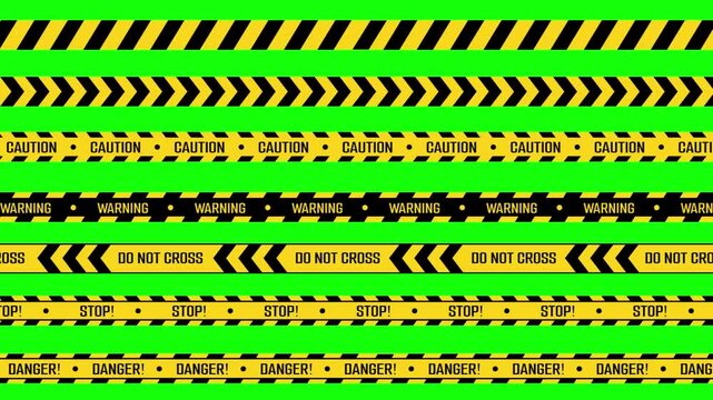 Green screen graphic elements yellow and black caution, warning, stop, danger, and do not cross tapes.