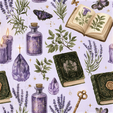 Seamless lavender apothecary garden pattern with purple crystals, vintage books, butterflies, candles, and botanical