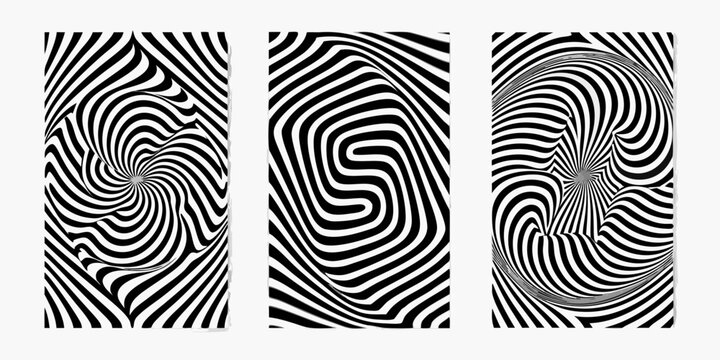 Three vertical panels display swirling black and white optical illusion patterns on a white background abstract arrangement artwork circular collection contemporary curve design