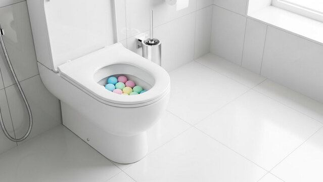 A modern white toilet bowl containing several colorful round bath bombs.