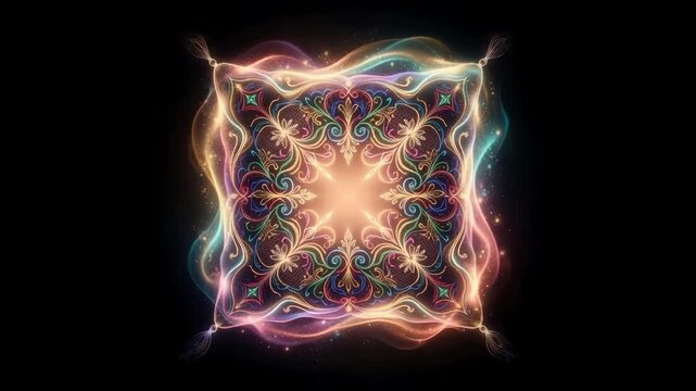Abstract glowing square formation with colorful sparkling particles and luminous filaments isolated against a black background