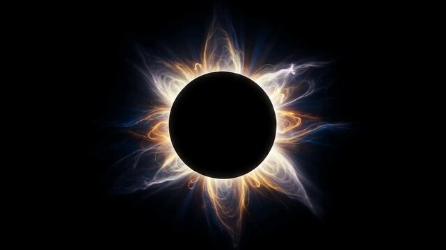 Glowing golden and blue solar corona surrounding a perfectly dark circular center against a black background, creating a dramatic total eclipse effect