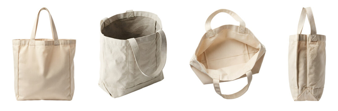 A beige canvas tote bag in various views on transparent background