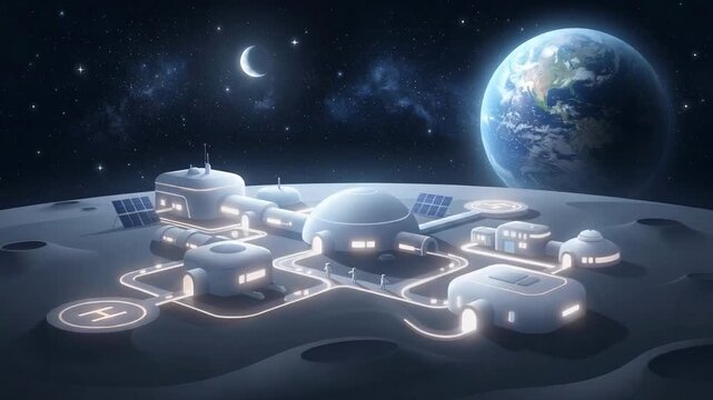 Futuristic illuminated lunar settlement with connected buildings beneath a crescent moon, starry sky, and glowing Earth horizon