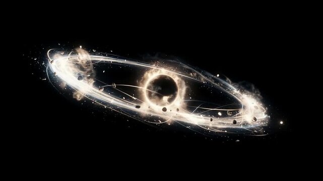 Glowing cosmic ring of stars and dust surrounding a dark central void on a black background, evoking a distant galaxy or celestial vortex