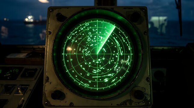 Green glowing radar screen on a ship bridge detecting targets at night