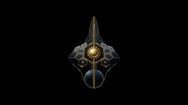 Abstract glowing golden and blue symmetrical geometric emblem with sparkling particles, geometric lines, and a luminous central orb on black