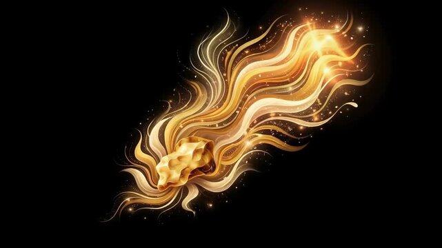 Glowing golden abstract serpentine energy form with flowing luminous trails isolated against a black background