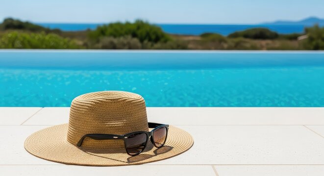 A chic wide-brimmed straw hat and dark sunglasses rest on a sun-drenched poolside terrace, overlooking crystal clear turquoise water, minimal, sunny, sunglasses