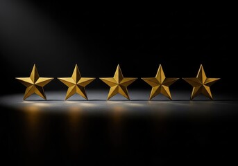 Fototapeta premium A high-contrast studio photograph showcasing five elegant gold stars aligned horizontally against a clean, deep black minimalist background, simple, rank, best