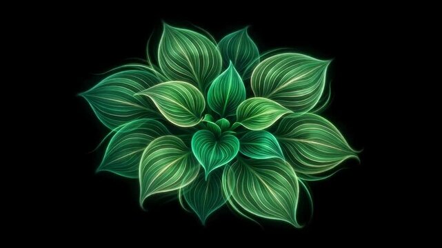 Two symmetrical glowing green botanical rosettes with layered leaves and luminous veins isolated against a black background