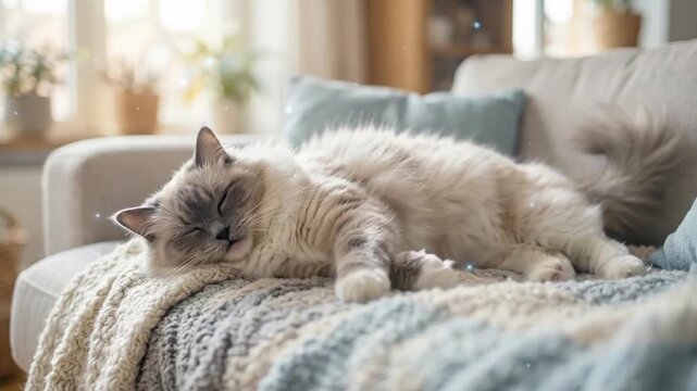 Fluffy cream-colored cat peacefully sleeping on a textured blanket-covered sofa in warm, softly lit home surroundings