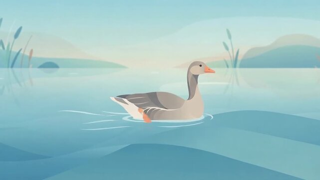 Illustrated gray goose swimming across calm blue water with reeds, distant hills, and soft atmospheric light