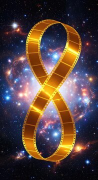 A majestic golden cinematic film strip twists into an infinite Mobius loop amidst a vibrant multiverse nebula filled with stars and cosmic dust, space, mobius loop, infinite