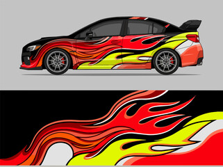 Naklejka premium Sleek sports car with vibrant flame decal design.