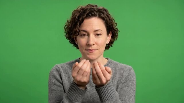 Woman with curly hair in a gray sweater gestures expressively with both hands against a bright green studio background