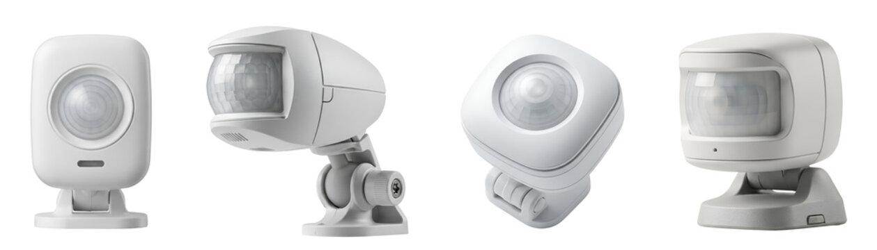 Four white security cameras on transparent background