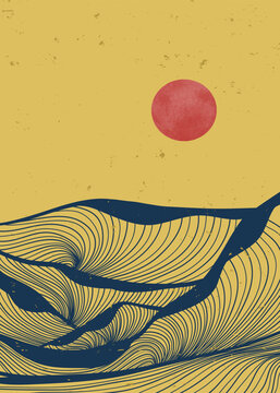Ocean wave landscape illustration. Creative minimalist modern line art print. Abstract contemporary aesthetic backgrounds landscapes. with Ocean, sea, skyline, wave and sunset