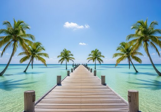A scenic wooden pier extends over clear turquoise ocean water toward the horizon under a bright blue sky with lush green palm trees nearby, waves, nature, trees
