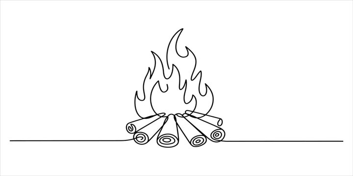 Continuous single line drawing of a burning campfire with wood logs and flames for camping or outdoor adventures in a minimalist simple artistic style