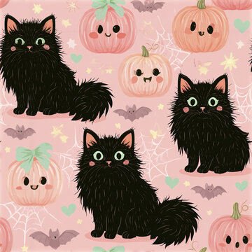 Cute seamless pink Halloween nursery pattern with fluffy black cat, smiling pumpkin, bat, and spider web for festive design