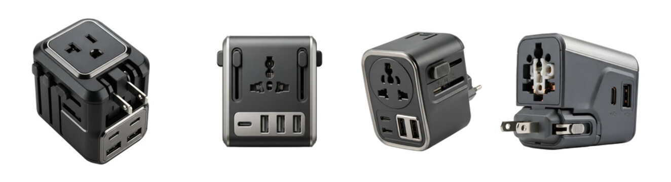 A set of four black travel adapters on transparent background