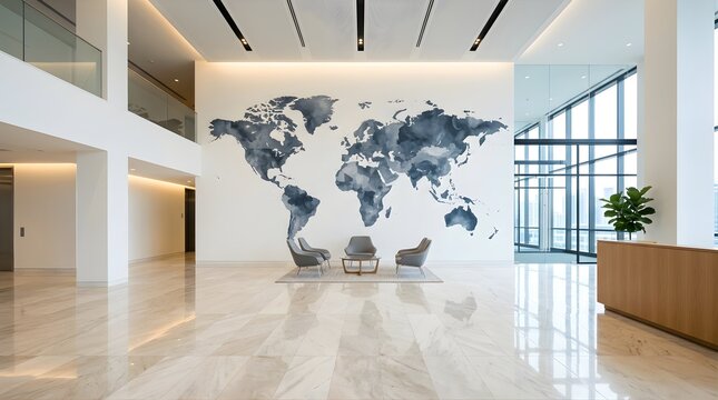 Modern office lobby featuring a world map wall mural and seating area