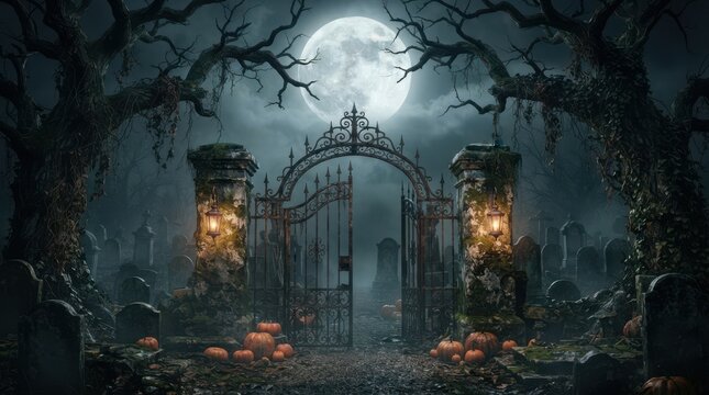 Spooky iron gate in a dark forest with a bright full moon at night